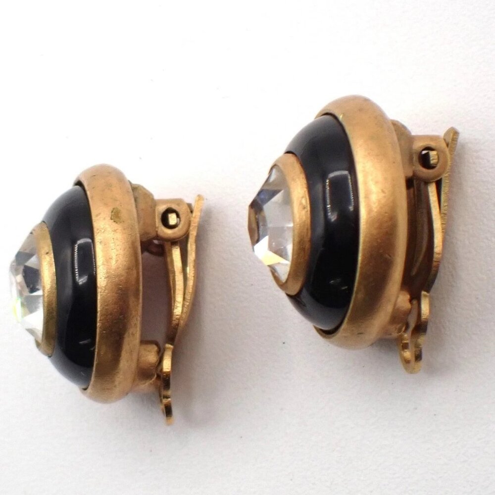 CHANEL Logo Round Button Rhinestone Earrings 94P Clip-On BK GHW Vintage 61RL667 - Picture 2 of 11